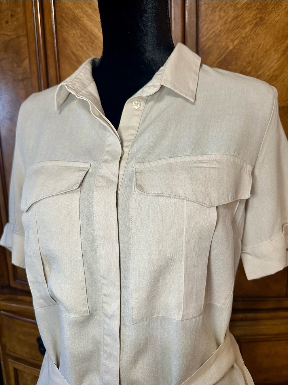 H&M Tan Lyocell Linen Belted Shirt Dress Safari Utility Size 8 - Picture 4 of 11